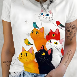 Adorable Colorful Cats & Birds Illustration  T-Shirt