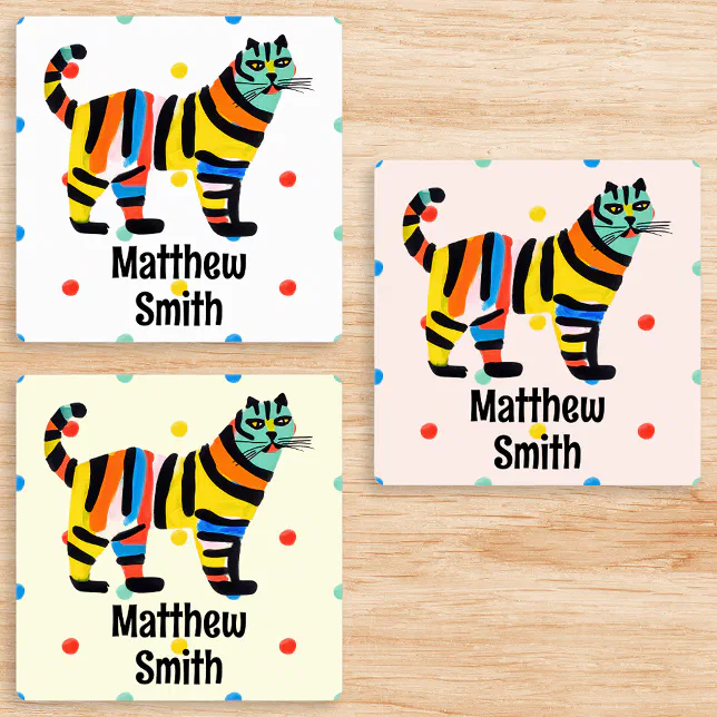 Adorable Colorful Cute Rainbow Tiger Cat Name Kids' Labels | Zazzle