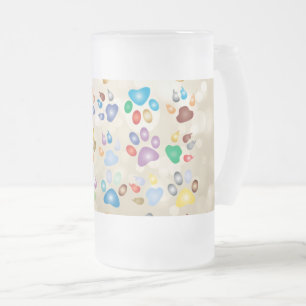 Adorable Colorful Dog Paw Prints,Bokeh Frosted Glass Beer Mug