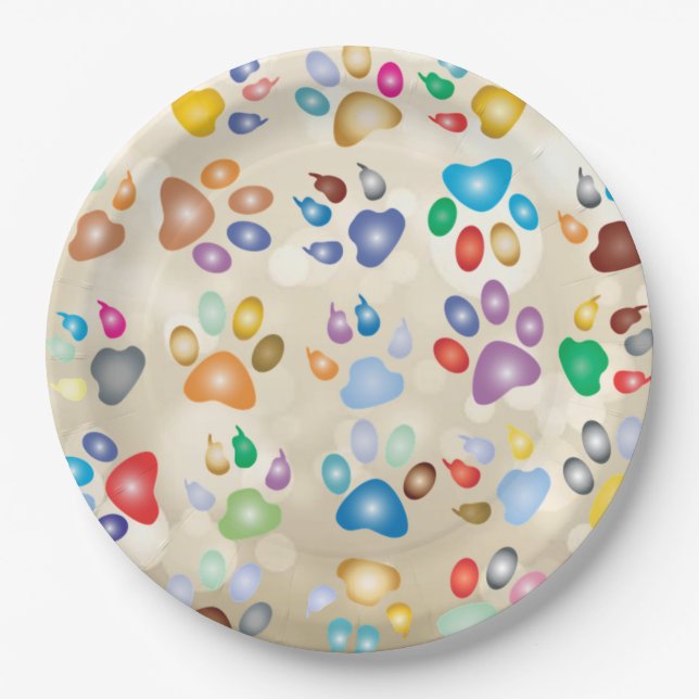 Adorable Colorful Dog Paw Prints,Bokeh Paper Plates (Front)