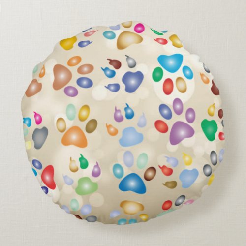 Adorable Colorful Dog Paw PrintsBokeh Round Pillow