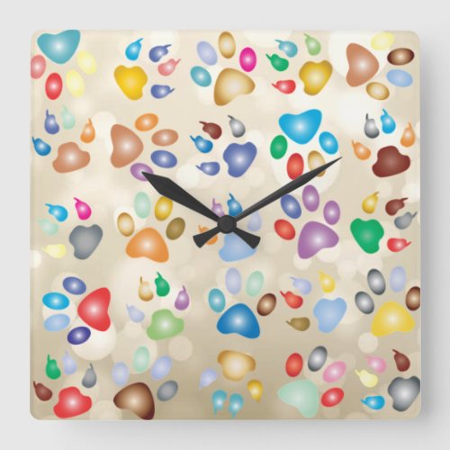 Adorable Colorful Dog Paw PrintsBokeh Square Wall Clock