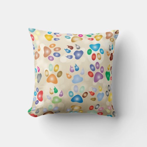 Adorable Colorful Dog Paw PrintsBokeh Throw Pillow