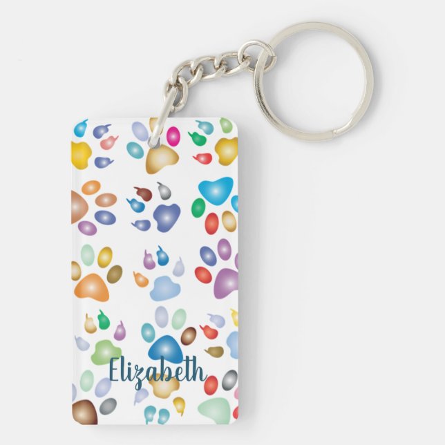 Adorable Colorful Dog Paw Prints,-Personalized Keychain (Back)