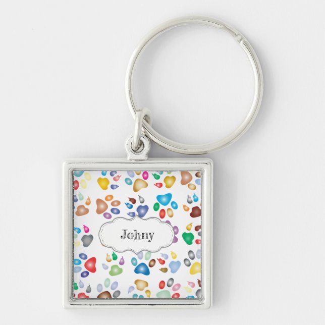Adorable Colorful Dog Paw Prints,-Personalized Keychain (Front)