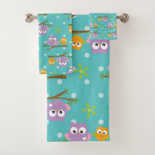 Adorable Colorful Owls on a Branch Bath Towel Set