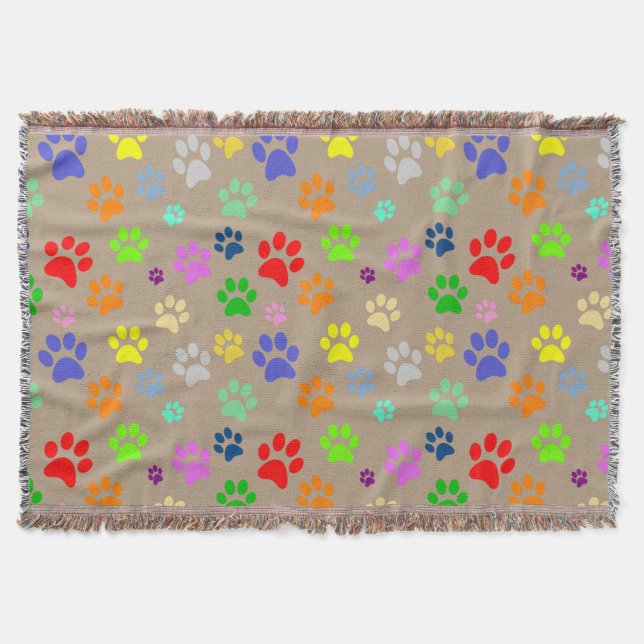 Adorable Colorful Pet Paws Print Pattern Throw Blanket (Front)