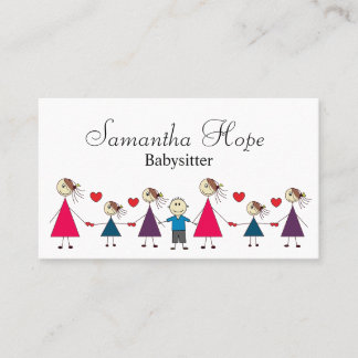 Adorable Colorful Stick Figure Children Babysitter Business Card