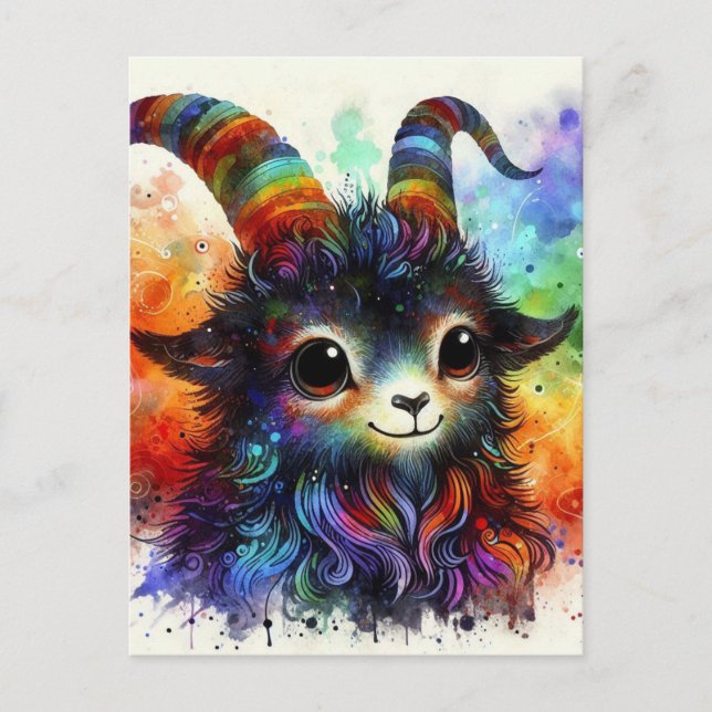 Adorable Colorful Watercolor Goat Postcard (Front)