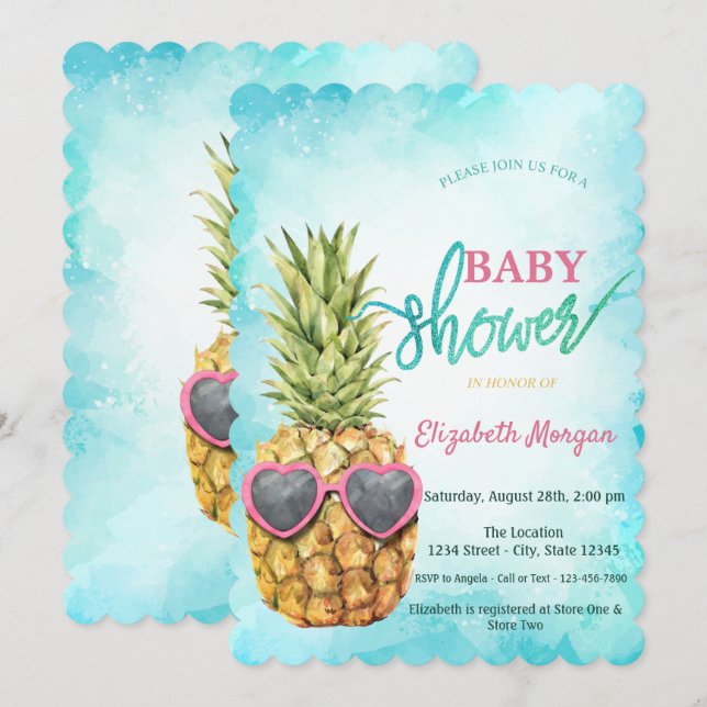 Adorable Cool Pineapple Tropical  Baby Shower  Invitation (Front/Back)