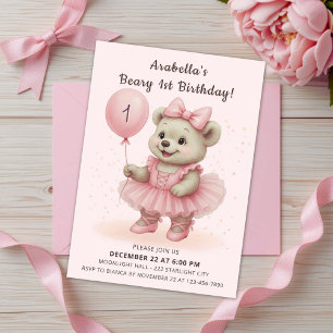 Adorable Coquette Ballerina Bear Birthday  Invitation