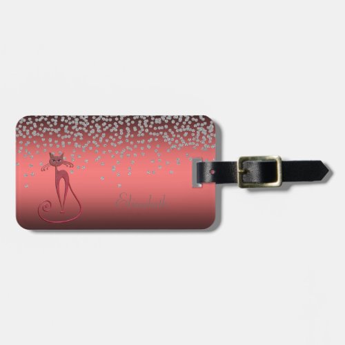 Adorable Coral Red Shiny Foil  ConfettyRed Cat Luggage Tag