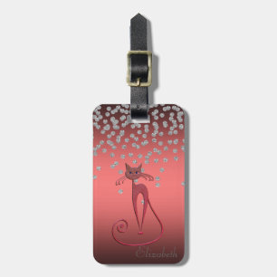 Adorable Coral Red Shiny Foil Confetty,Red Cat Luggage Tag
