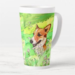 Adorable Corgi In A Flower Field Watercolor Latte Mug
