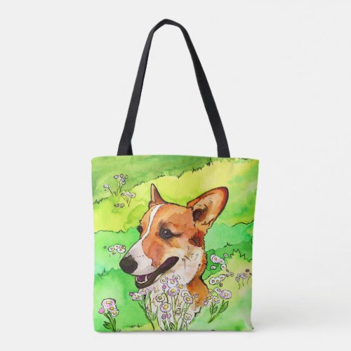 Adorable Corgi In A Flower Field Watercolor  Tote Bag