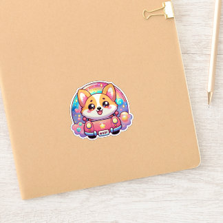 Adorable Corgi in Pink Car Rainbow and Sparkles Sticker