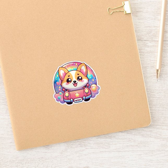 Adorable Corgi in Pink Car Rainbow and Sparkles Sticker (Notebook)