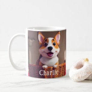 Adorable Corgi Puppy in Basket Custom Name Dog Coffee Mug
