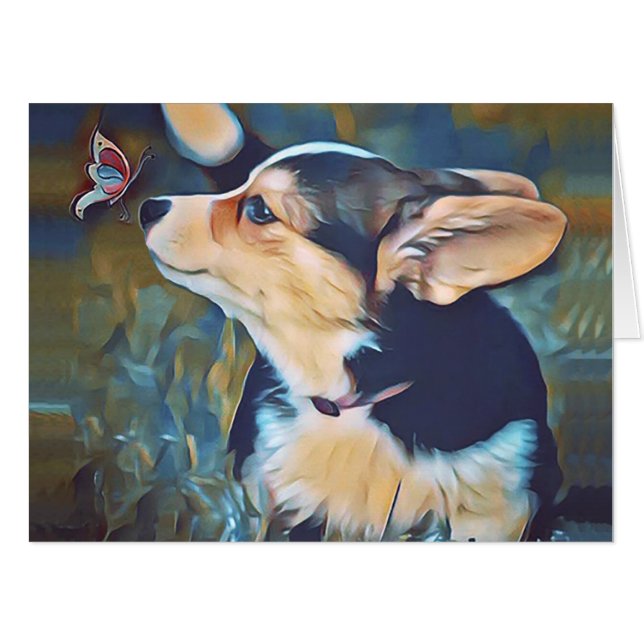 Adorable Corgi with Butterfly Card (Front Horizontal)