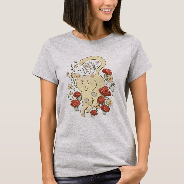 Adorable Cottagecore Cat and Flowers T-Shirt (Front)
