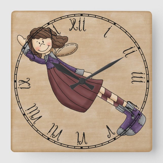 Adorable Country Folk Art Rag Angel Doll Square Wall Clock (Front)