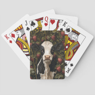 Adorable Cow Calf Strawberry Background Poker Cards