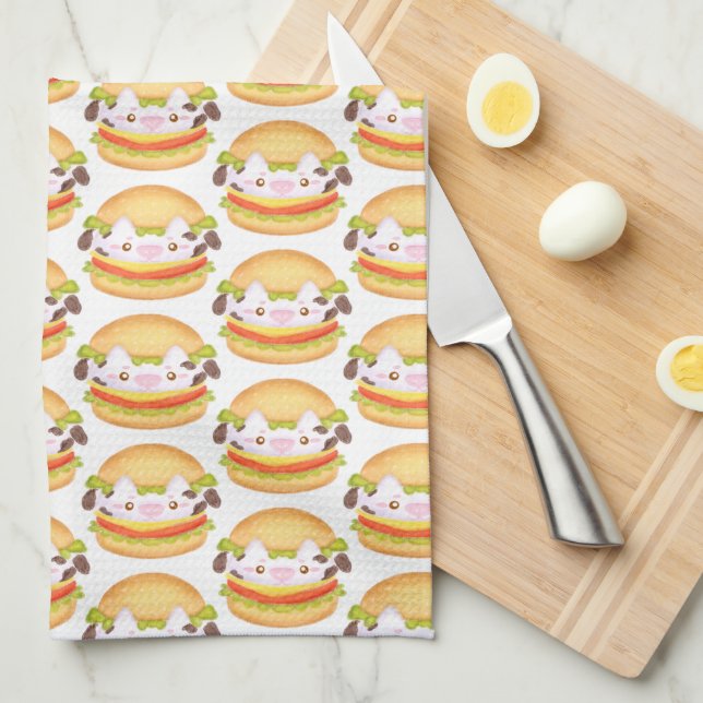 Adorable Cow Hamburger  Kitchen Towel (Quarter Fold)