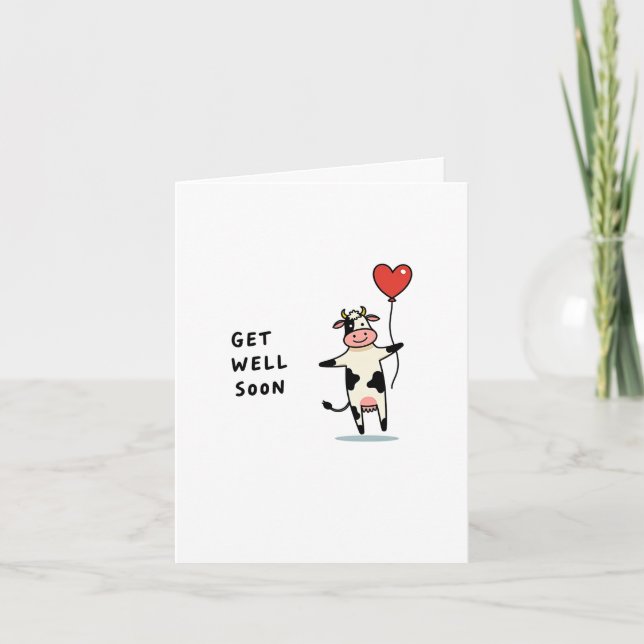 Adorable Cow Holding Heart Balloon Card (Front)