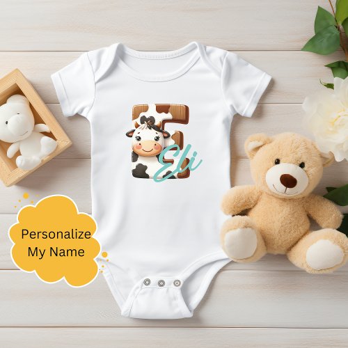 Adorable Cow Letter E Baby Outfit with Custom Name Baby Bodysuit