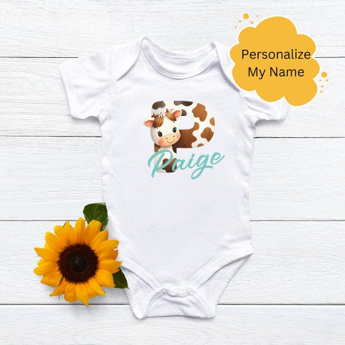 Adorable Cow Letter P Baby Outfit with Custom Name Baby Bodysuit