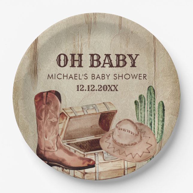 Adorable Cowboy Baby Shower Western Boots Paper Plates (Front)