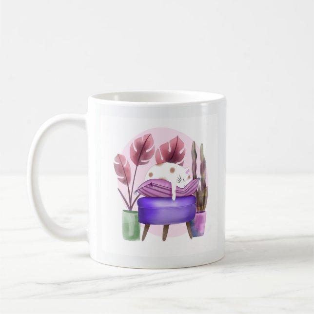 Adorable Cozy Charm Cute White Cat Napping Purple  Coffee Mug (Left)