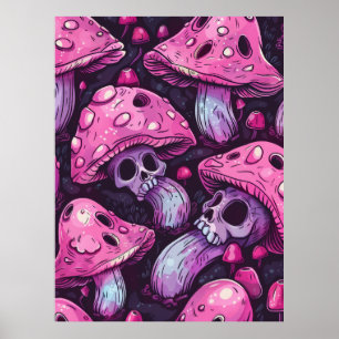 Adorable Creepy Mushrooms Skull Faces Neon Poster