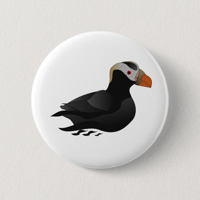 Adorable Crested Puffin Cartoon Swimming Button (Front)