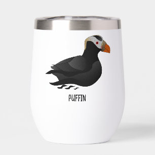 Adorable Crested Puffin Cartoon Swimming Thermal Wine Tumbler