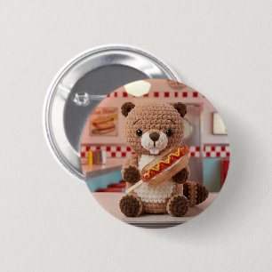 Adorable Crocheted Beaver in Diner Glass Hotdog Button