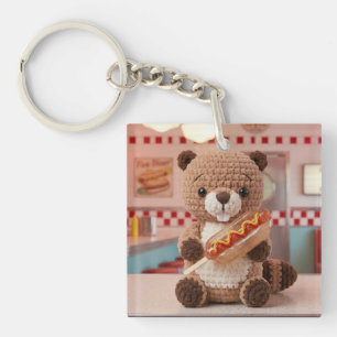 Adorable Crocheted Beaver in Diner Glass Hotdog Keychain