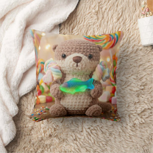 Adorable Crocheted Otter and Gummi Bear Throw Pillow