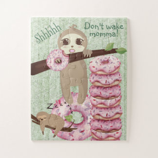 Adorable Curious Donut Eating Sloth Momma Sleeping Jigsaw Puzzle