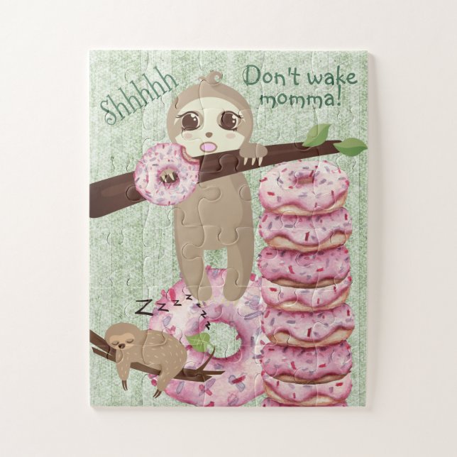 Adorable Curious Donut Eating Sloth Momma Sleeping Jigsaw Puzzle (Vertical)