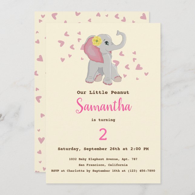 Adorable Cute Baby Elephant Pink & Gray Birthday Invitation (Front/Back)