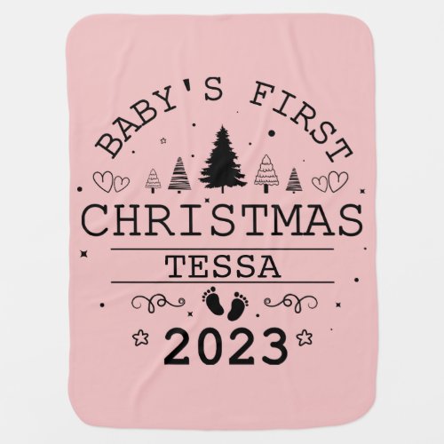 Adorable Cute Baby Girl Pink First Christmas 2023 Baby Blanket
