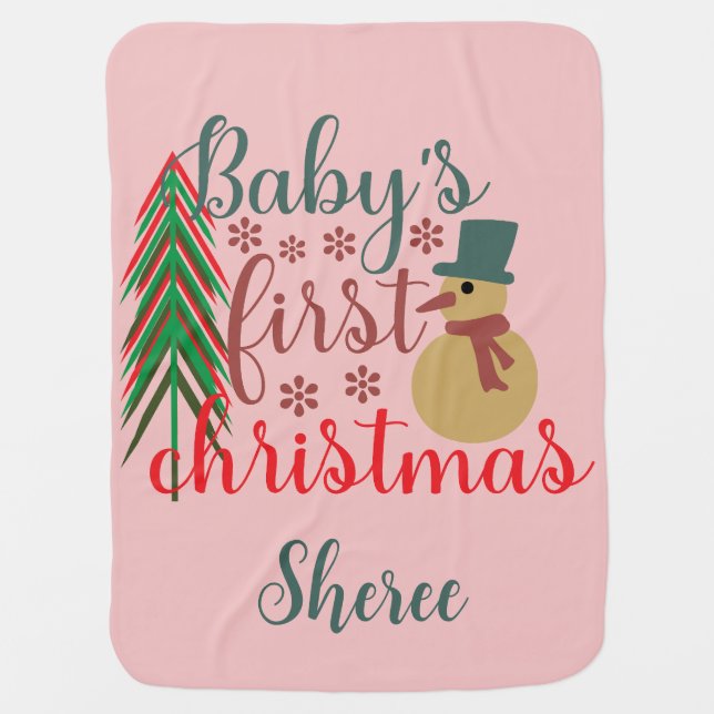 Adorable Cute Baby Girl Pink First Christmas Baby Blanket (Front)