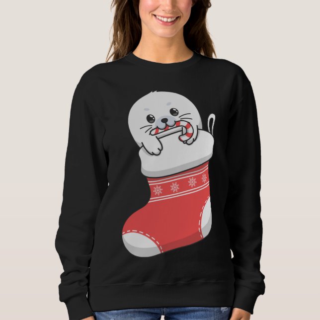 Adorable cute baby harp seal pup in Christmas stoc Sweatshirt (Front)