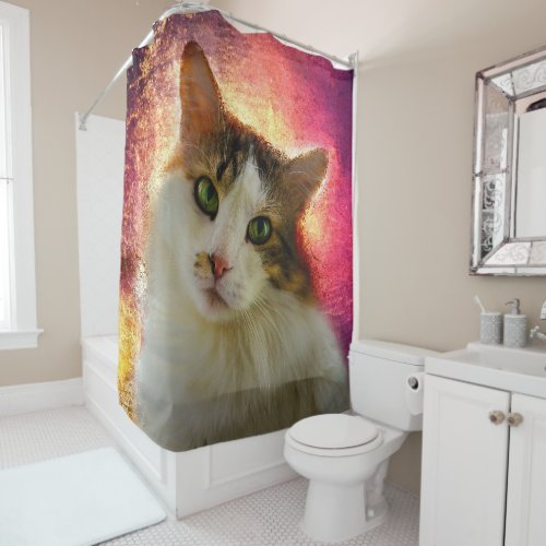 Adorable Cute Calico Cat Shower Curtain