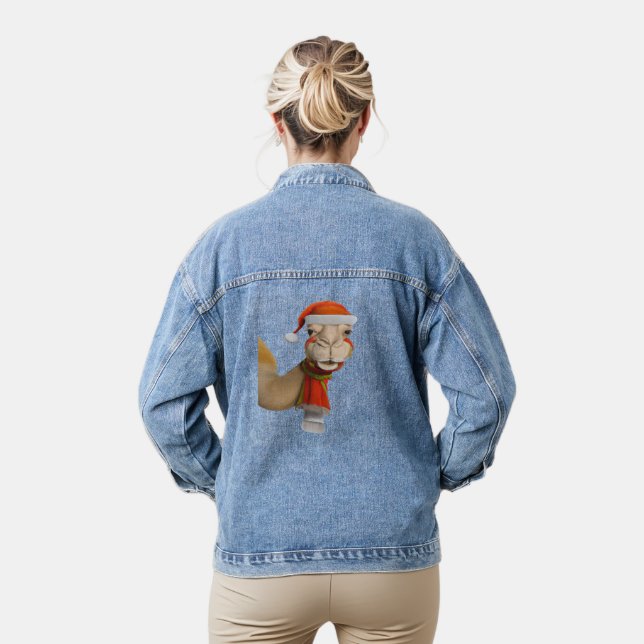 Adorable Cute Camel Wearing Santa Hat Christmas Denim Jacket (Model)