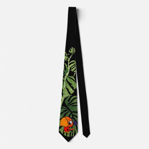 Adorable Cute Cartoon ParrotPalm LeafBlack Neck Tie