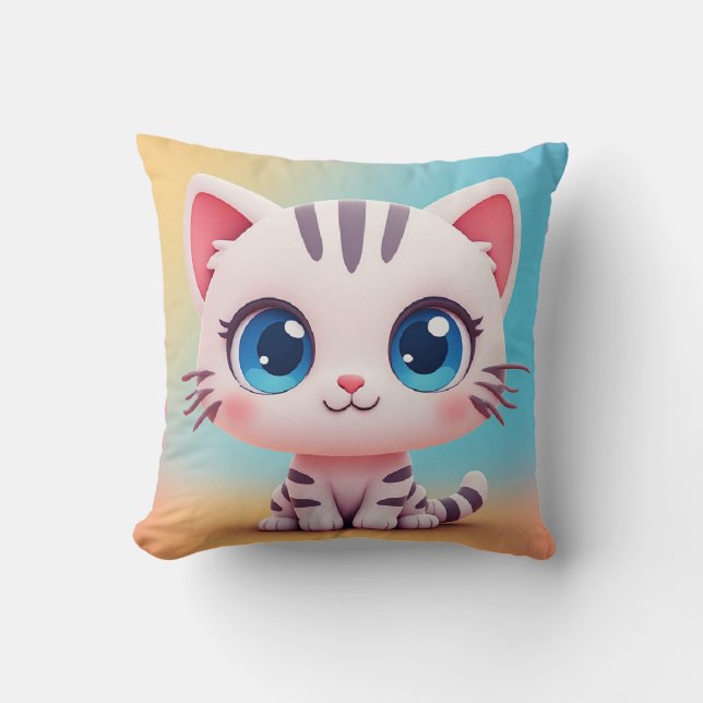 Adorable Cute Cartoon White Kitten Throw Pillow (Front)