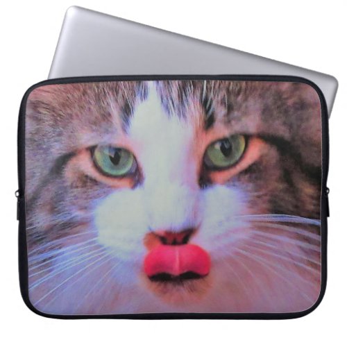 Adorable Cute Cat Pink Tongue Licking Nose Mouth Laptop Sleeve