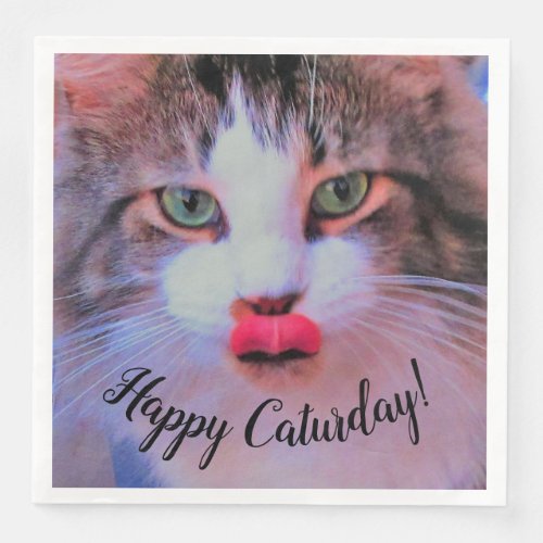 Adorable Cute Cat w Pink Tongue Licking Lips Paper Dinner Napkins